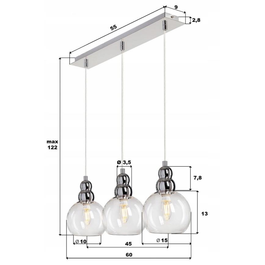 Luster na sajli AKSO 3xE14/40W/230V srebrne boje