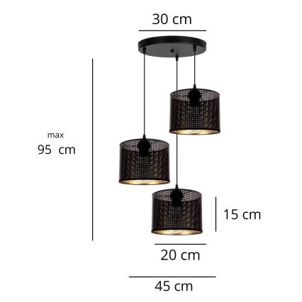 Luster na sajli ALDO, 3xE27/60W/230V, prečnik 45 cm, crne boje