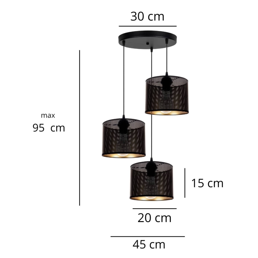 Luster na sajli ALDO, 3xE27/60W/230V, prečnik 45 cm, crne boje