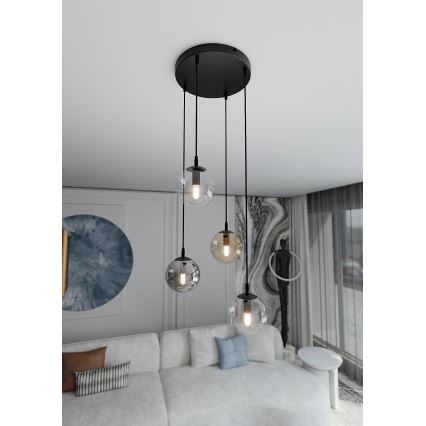 Luster na sajli COSMO 4xE14/10W/230V prečnik 40 cm crna/siva/bež/prozirna