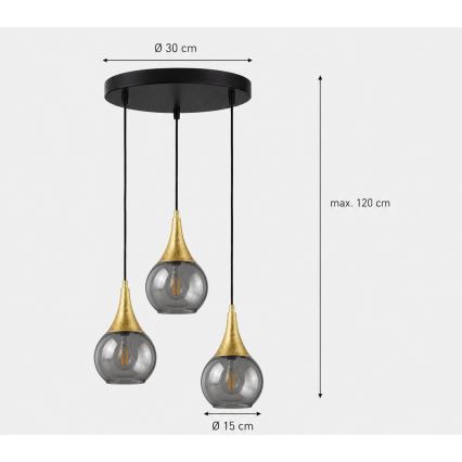 Luster na sajli LACRIMA SMOKY 3xE27/60W/230V prečnik 30 cm