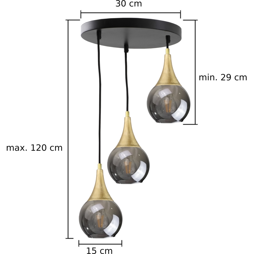Luster na sajli LACRIMA SMOKY 3xE27/60W/230V prečnik 30 cm