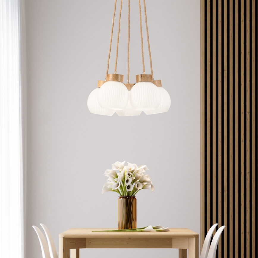 Luster na sajli LOOMIS 5xE27/15W/230V 83 cm bež/hrast