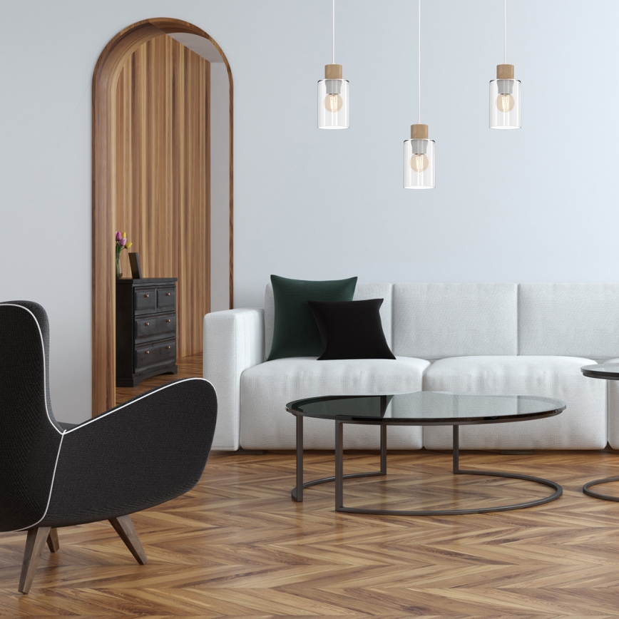 Luster na sajli MADERA 3xE27/60W/230V bela/drvo