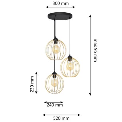 Luster na sajli MERCURE 3xE27/15W/230V zlatna/crna