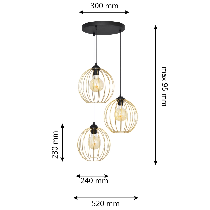 Luster na sajli MERCURE 3xE27/15W/230V zlatna/crna
