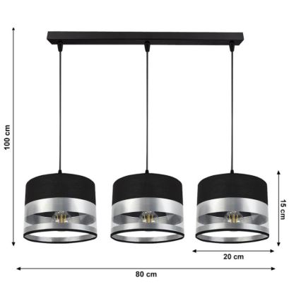 Luster na sajli MILO 3xE27/60W/230V srebrna/crna