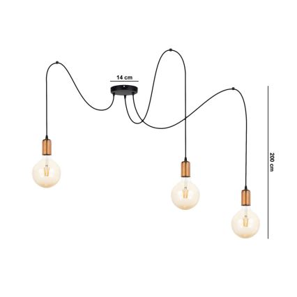 Luster na sajli MIROS 3xE27/60W/230V u obliku pauka, crna/bakarna