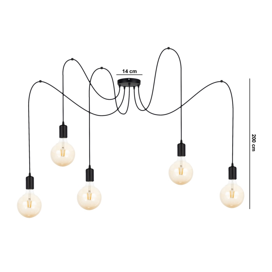 Luster na sajli MIROS 5xE27/60W/230V pauk crne boje