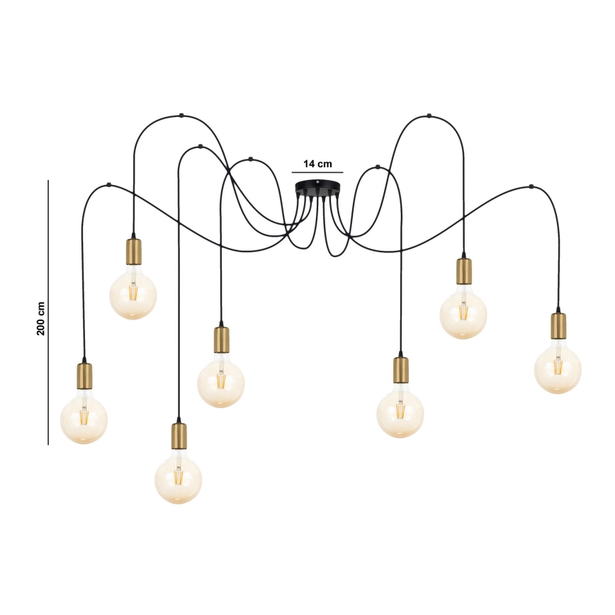 Luster na sajli MIROS 7xE27/60W/230V pauk crna/zlatna