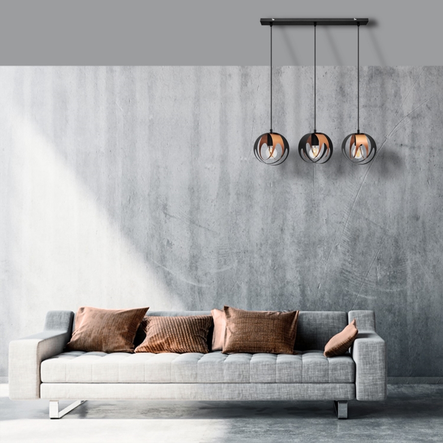 Luster na sajli MOONLIGHT 3xE27/15W/230V crni/bakreni