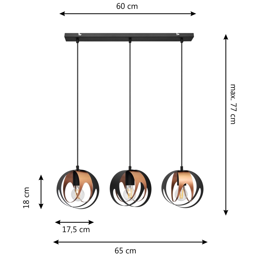 Luster na sajli MOONLIGHT 3xE27/15W/230V crni/bakreni