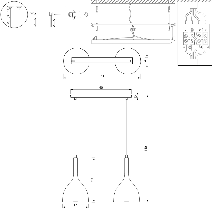 Luster na sajli NOAK 2xE27/15W/230V mesing/zlatna