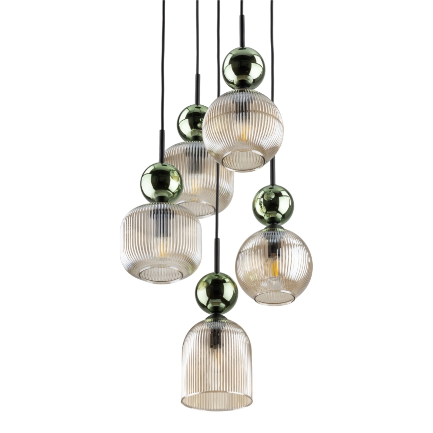 Luster na sajli SOPHIA 5xE14/10W/230V crna/zelena/zadimljeno bež