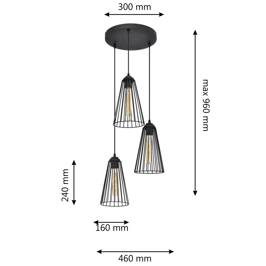 Luster na sajli TORRI 3xE27/15W/230V crni
