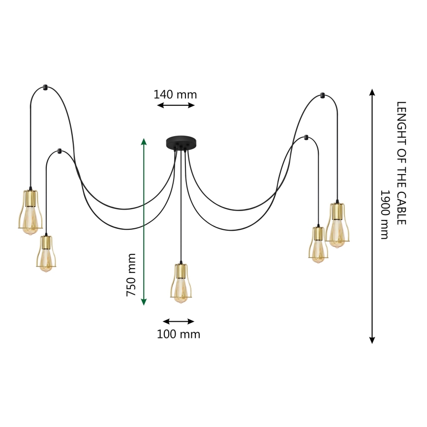 Luster na sajli TUBE 5xE27/15W/230V pauk crna/zlatna