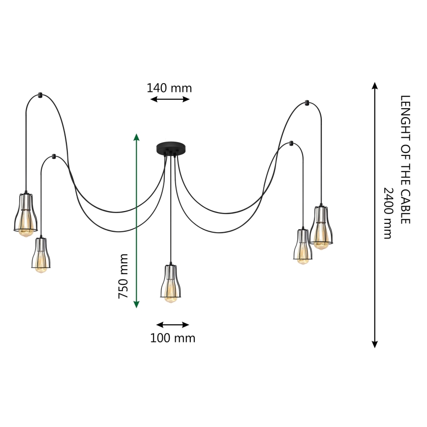 Luster na sajli TUBE LONG 5xE27/15W/230V crna/sjajni hrom