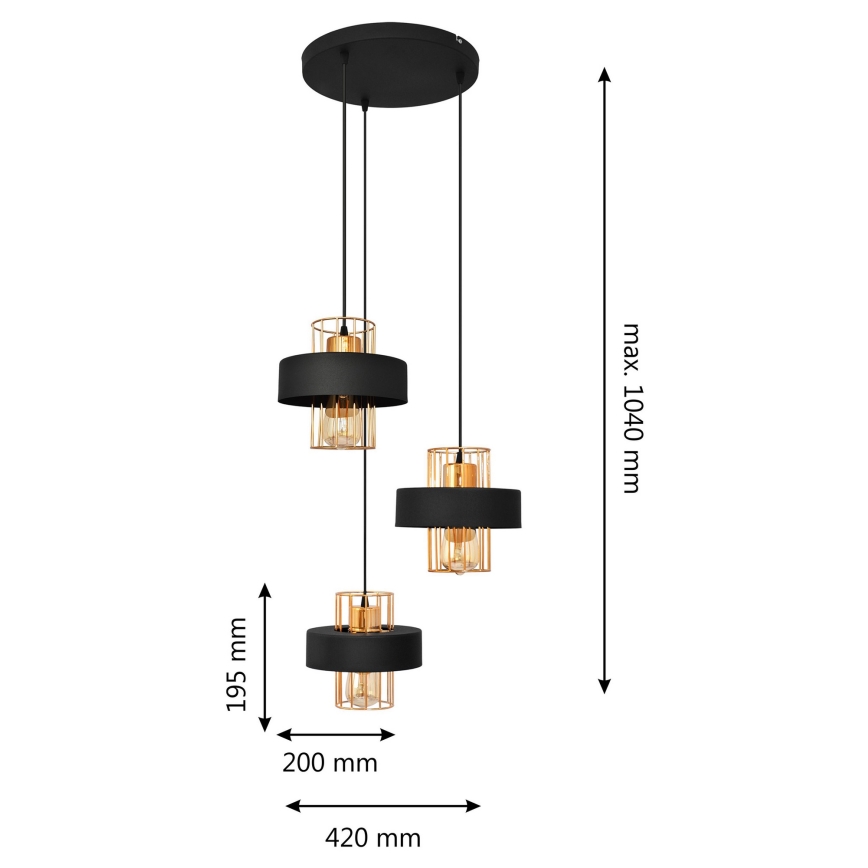 Luster na sajli VOLTA 3xE27/15W/230V crna/roze zlato