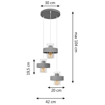 Luster na sajli VOLTA 3xE27/15W/230V prečnik 42 cm siva