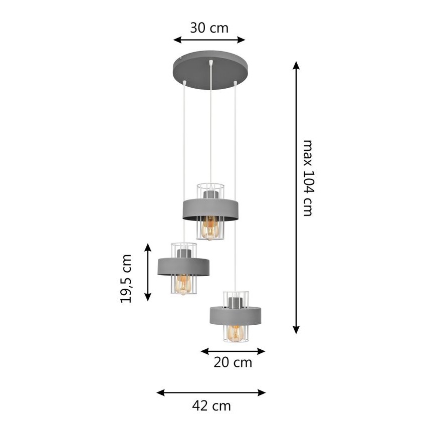Luster na sajli VOLTA 3xE27/15W/230V prečnik 42 cm siva
