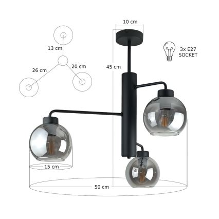 Luster na šipci FLEX 3xE27/60W/230V crna/dimljeno crna