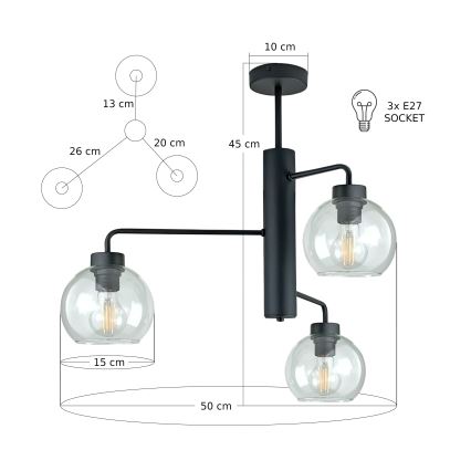Luster na šipci FLEX 3xE27/60W/230V crna/prozirna