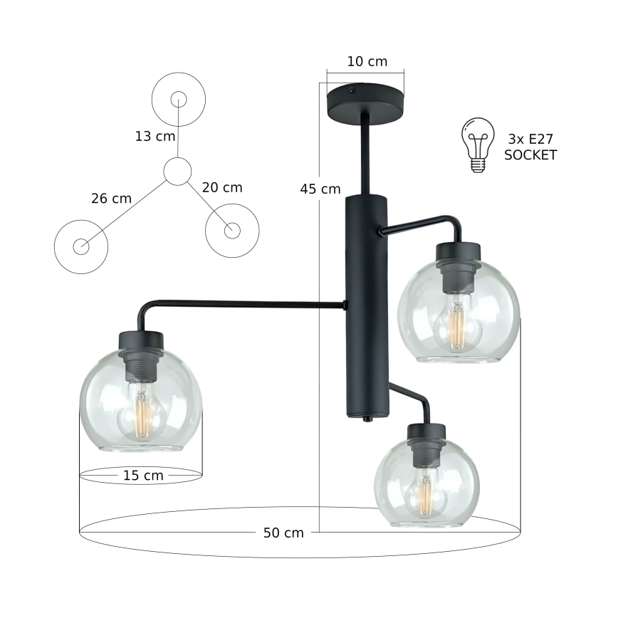Luster na šipci FLEX 3xE27/60W/230V crna/prozirna