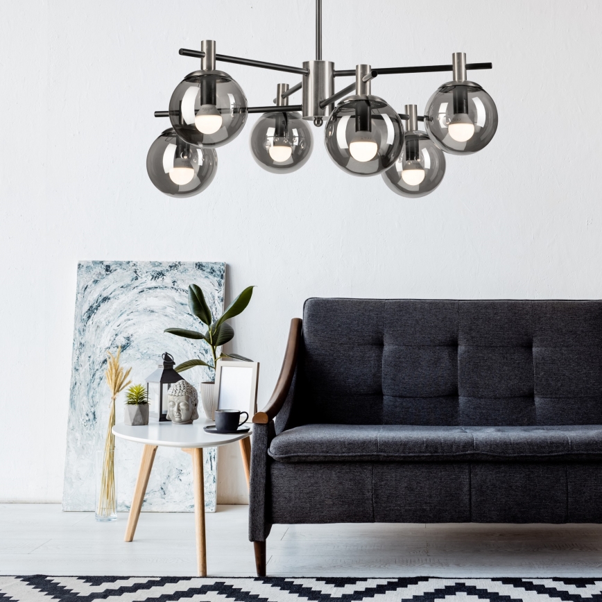 Luster na šipci LILOU 6xE14/5W/230V matni hrom/zadimljeno staklo