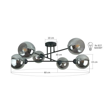 Luster na šipci VASCO 6xE27/60W/230V crna/zadimljeno-crna