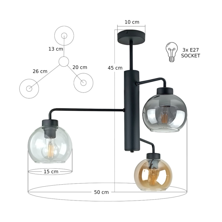Luster na štapu FLEX 3xE27/60W/230V crna/zadimljena crna/zadimljena bež/prozirna