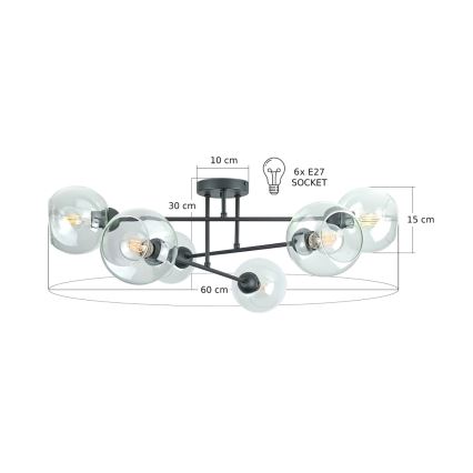 Luster na štapu VASCO 6xE27/60W/230V crna/prozirna