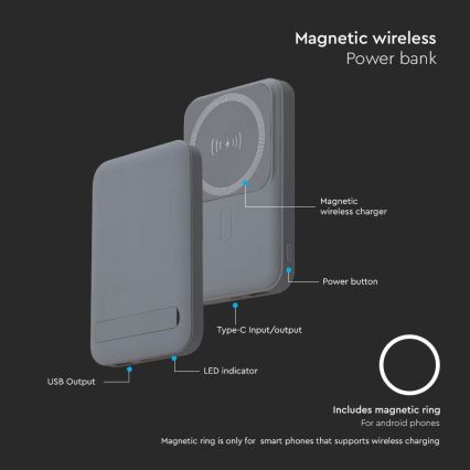 Power Bank magnetična sa bežičnim punjenjem Power Delivery 10 000mAh/20W/3,7V siva
