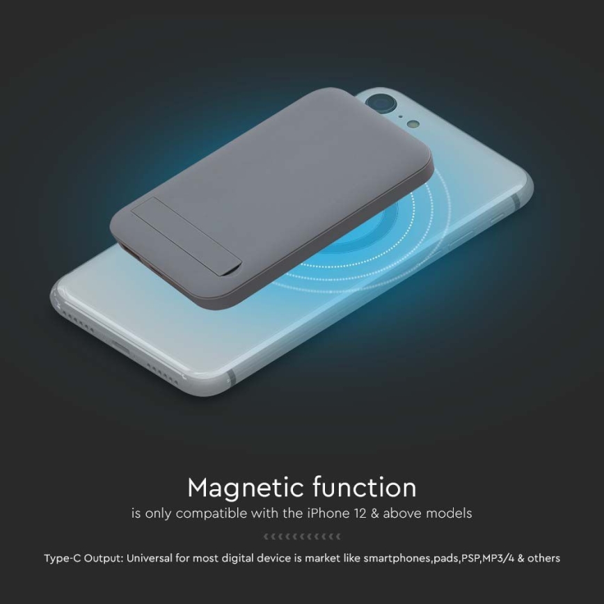 Power Bank magnetična sa bežičnim punjenjem Power Delivery 10 000mAh/20W/3,7V siva