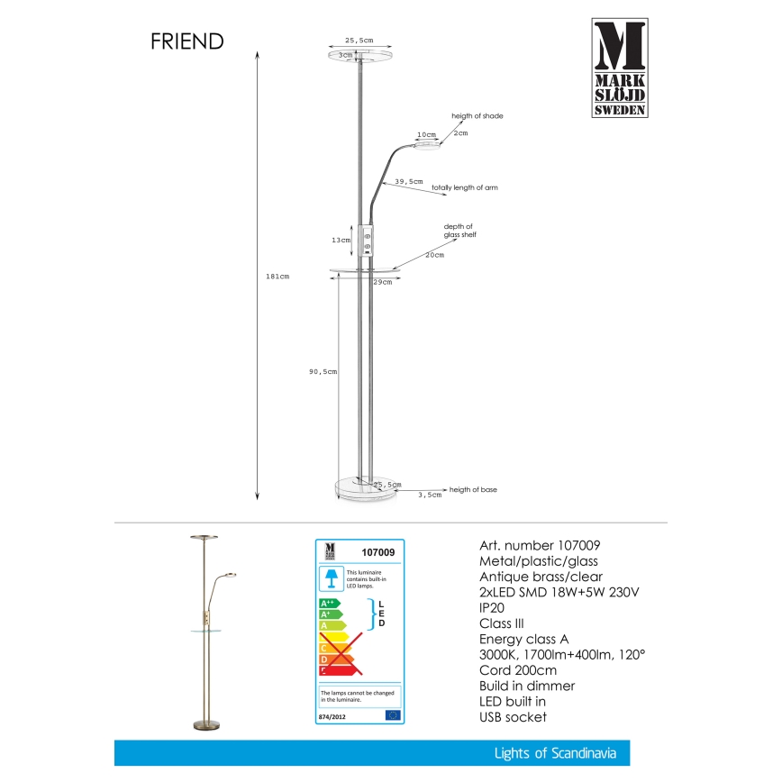Markslöjd 107009 - LED prigušiva podna lampa FRIEND LED/18W/230V + LED/5W