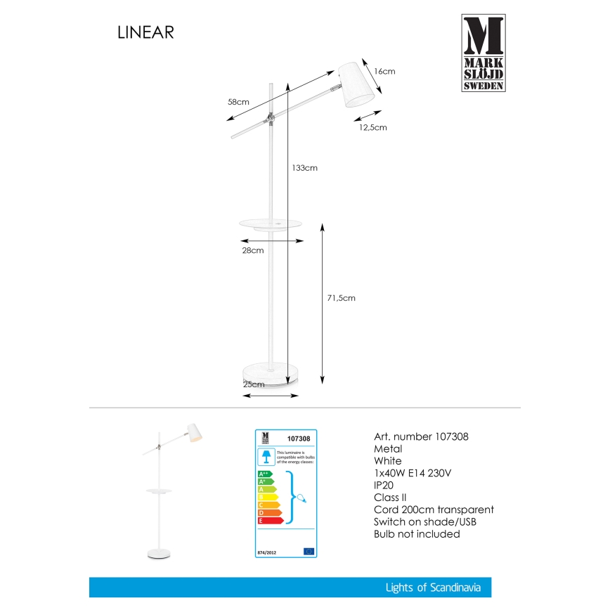 Markslöjd 107308 - Podna lampa sa USB LINEAR 1xE14/40W/230V
