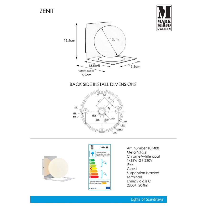 Markslöjd 107488 - Kupatilska zidna svetiljka ZENIT 1xG9/18W/230V IP44
