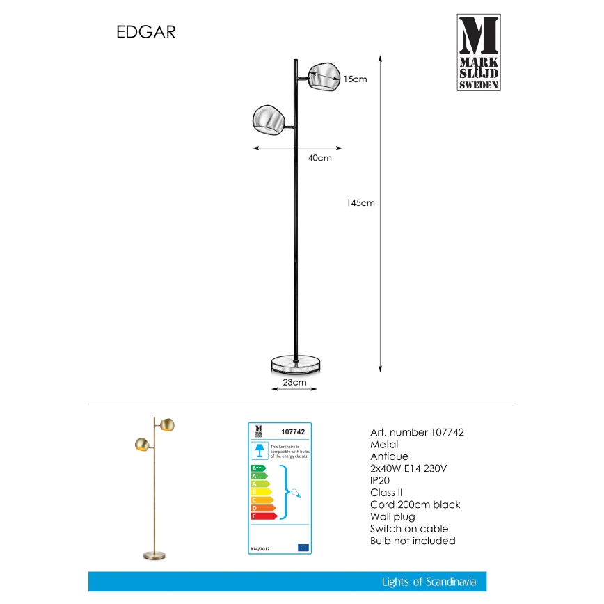 Markslöjd 107742 - Podna lampa EDGAR 2xE14/40W/230V