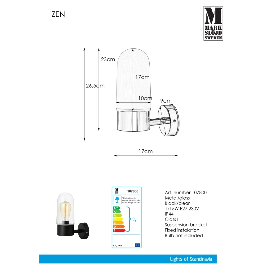 Markslöjd 107800 - Kupatilsko zidno svetlo ZEN 1xE27/15W/230V IP44