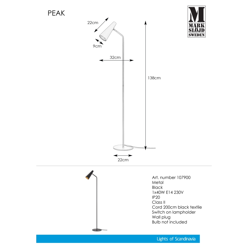 Markslöjd 107900 - Podna lampa PEAK 1xE14/40W/230V