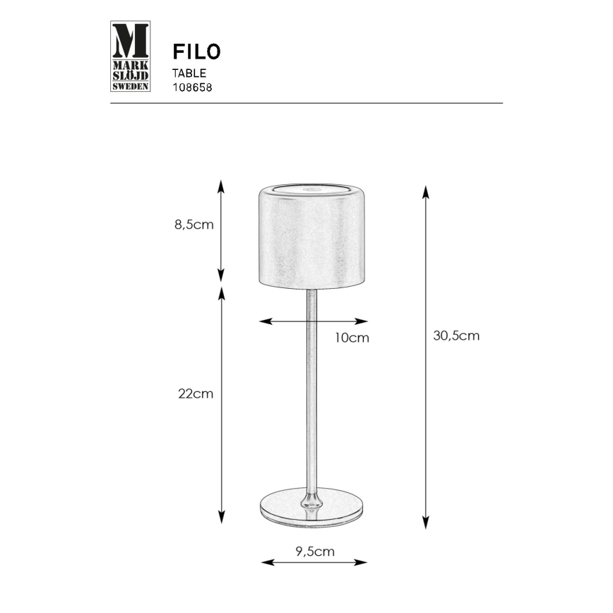 Markslöjd 108658 - prigušiva LED punjiva lampa FILO LED/2W/5V IP44 30 cm bela