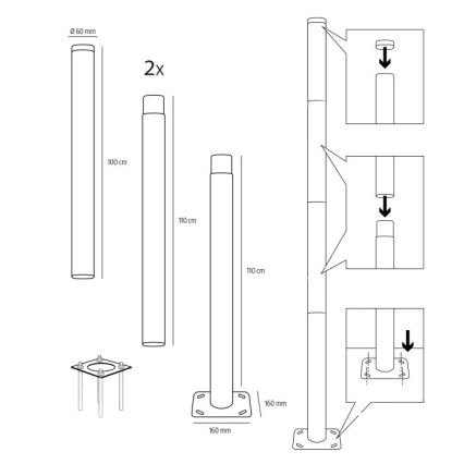 Metalna šipka za stub spoljne rasvete BASE 4 m, prečnika 60 mm, crna