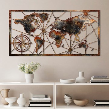 Metalna zidna dekoracija 120×60 cm — mapa sveta