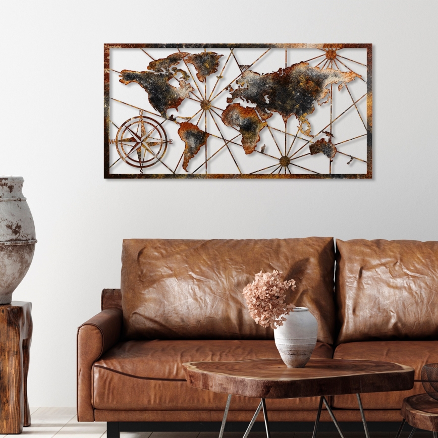 Metalna zidna dekoracija 120×60 cm — mapa sveta