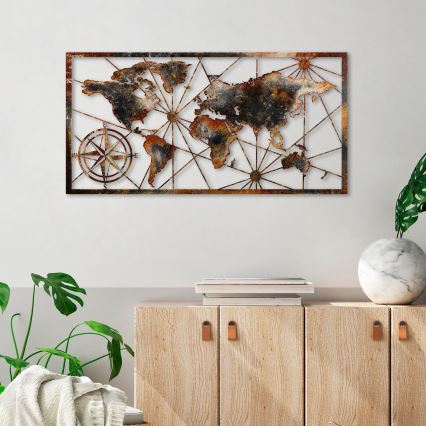 Metalna zidna dekoracija 120×60 cm — mapa sveta