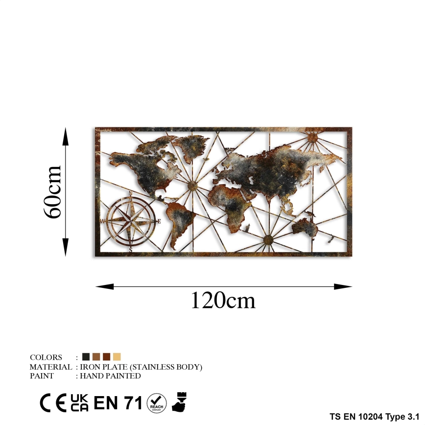 Metalna zidna dekoracija 120×60 cm — mapa sveta