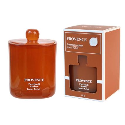 Mirisna sveća PATCHOULI JANTAR 180 g — traje do 25 sati.