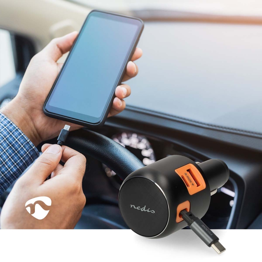 Auto punjač sa uvlačivim kablom Power Delivery 30W 2xUSB-C + 1xUSB-A