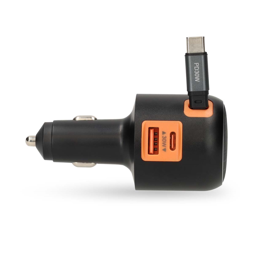 Auto punjač sa uvlačivim kablom Power Delivery 30W 2xUSB-C + 1xUSB-A