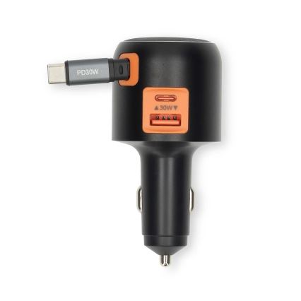Auto punjač sa uvlačivim kablom Power Delivery 30W 2xUSB-C + 1xUSB-A