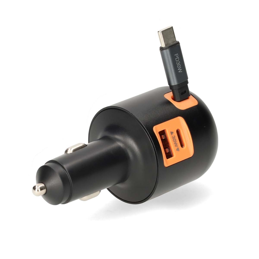 Auto punjač sa uvlačivim kablom Power Delivery 30W 2xUSB-C + 1xUSB-A